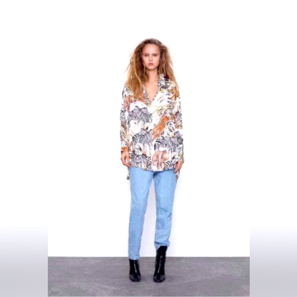 Zara Animal Print Long Sleeve  Satin Shirt Women Size M US